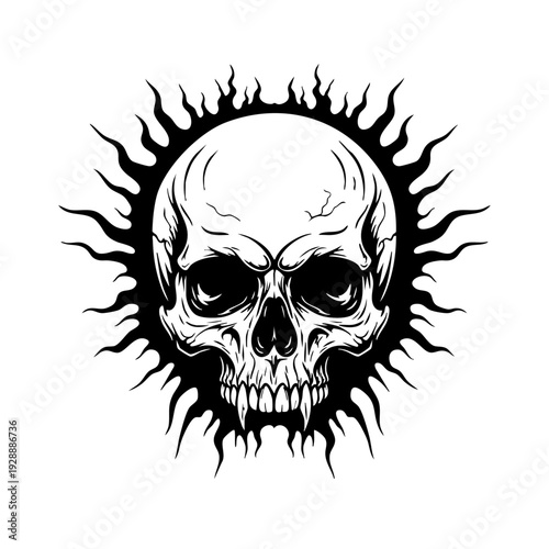 Menacing skull illustration with fiery aura and bold lines.