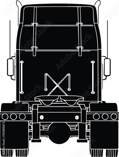 Semi truck rear view silhouette, technical illustration, detailed cab, exhaust stacks, wheels, fifth wheel coupling, transportation vector design graphic
