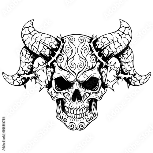 Intricately designed skull with horns and swirling patterns.