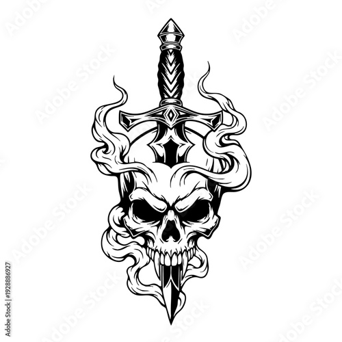 Skull with sword and flames illustration design.