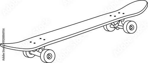 Skateboard vector illustration, three dimensional perspective drawing, deck with nose and tail, trucks, wheels, mounting holes, sports equipment design