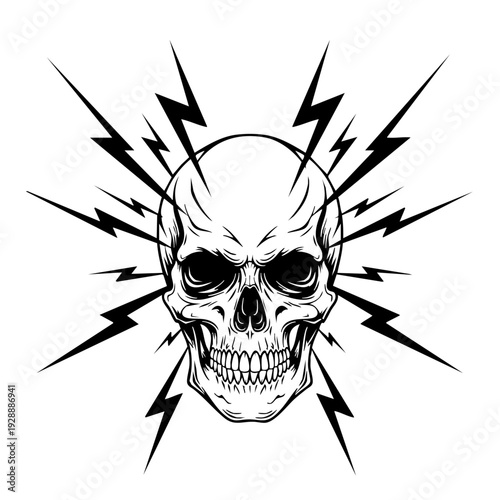 Menacing skull illustration with lightning bolts and aggressive expression.