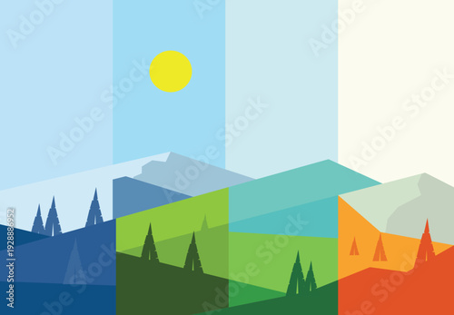Modern Flat Landscape Illustration with Geometric Mountains and Sun