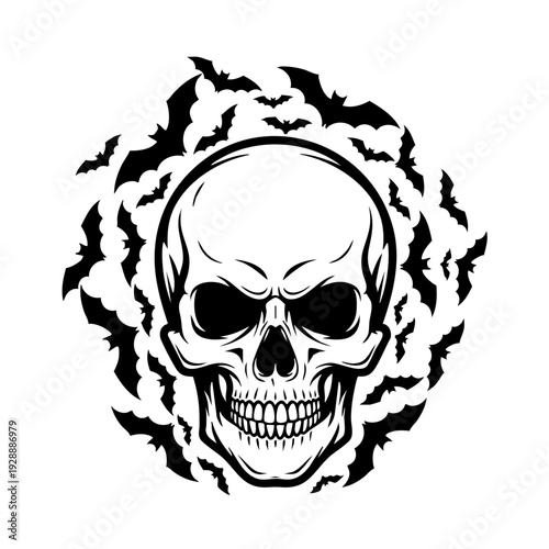 Black and white illustration of a skull surrounded by bats.