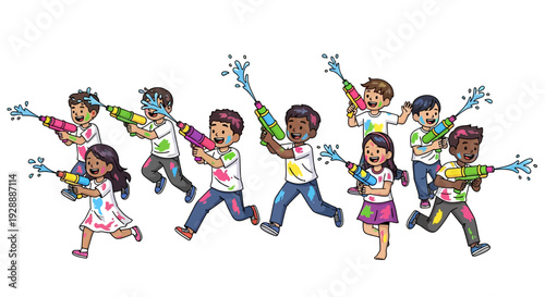 Joyful Children Chasing With Water Guns