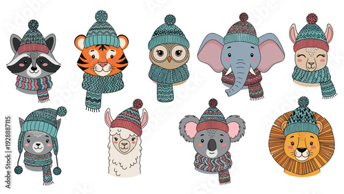 Collection of eight cute animal heads including a tiger elephant and koala wearing knitted winter hats and matching scarves.