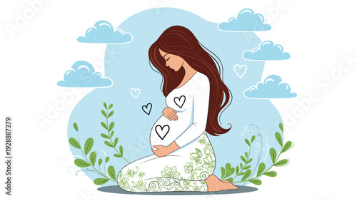 Peaceful illustration of a pregnant woman kneeling gracefully in a white dress surrounded by green leaves and soft blue clouds.