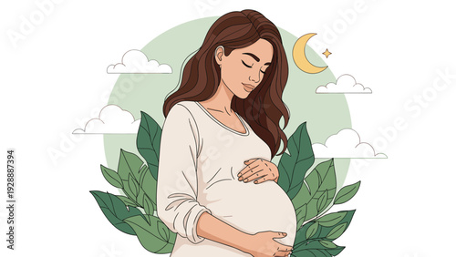Serene portrait of a pregnant woman in a white dress standing amidst lush green leaves under a crescent moon and clouds.
