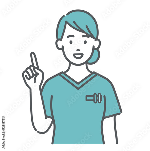指差し・解説をするスクラブ姿の女性医療従事者のイラスト（上半身）