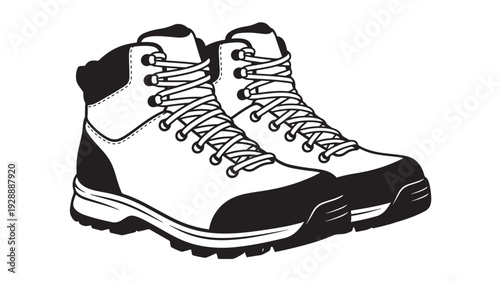 Hiking boots illustration in black and white graphic style with bold lines and minimalist design for outdoor apparel