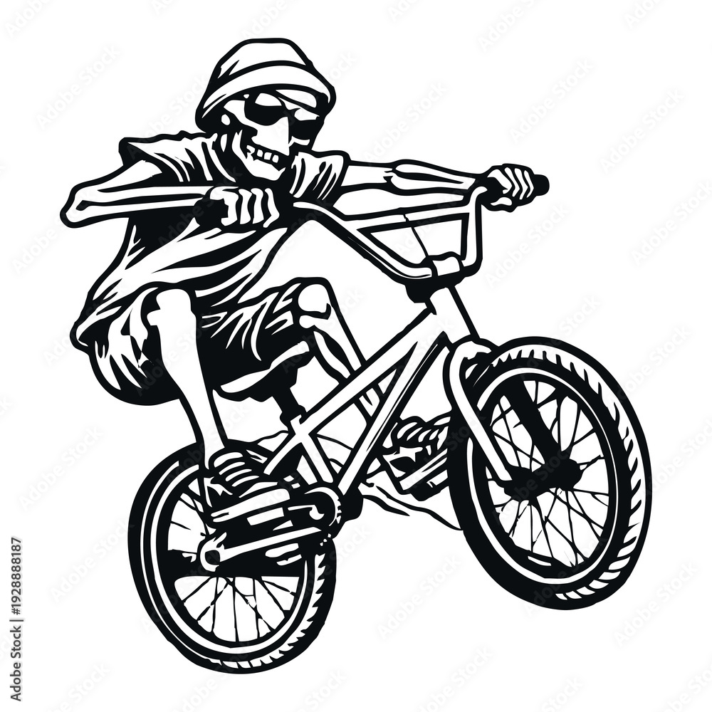 Obraz premium Skeleton BMX Rider Vector Illustration – Cool Skull Bike Stunt Design