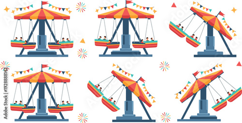Carnival Swing Ride Vector Illustration Set with Amusement Park Attraction, Spinning Chairs, and Funfair Festival Entertainment Design