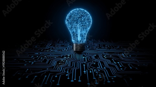 Glowing blue light bulb with circuit board design on dark background