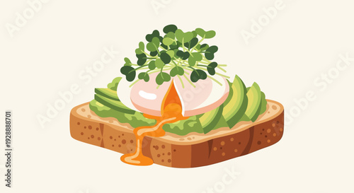 A vibrant illustration of toast topped with avocado slices and a fried egg with microgreens on a plain background.