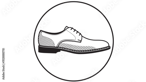 Mens dress shoe in elegant black and white illustration with detailed texture in circular frame for fashion design