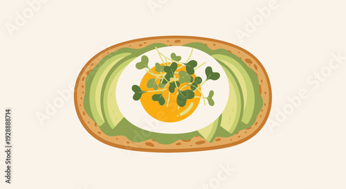 Illustration of avocado toast topped with fried egg and microgreens on a plate