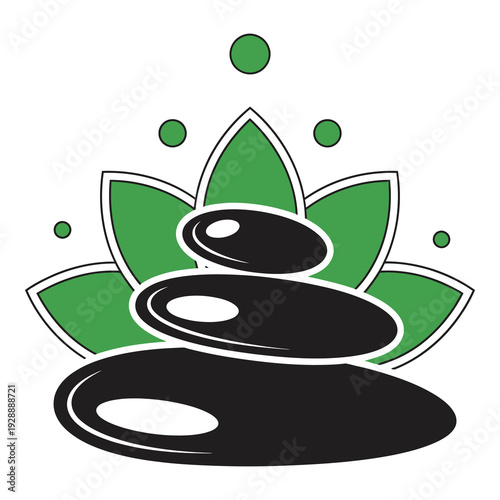 Photography Green lotus flower with stacked black stones and bubbles  serene spa symbol icon