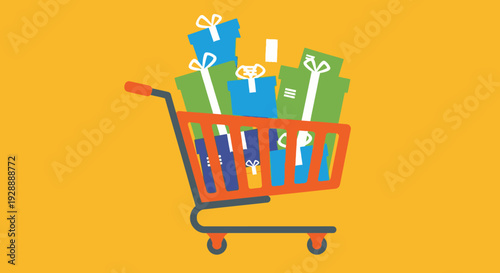 A shopping cart filled with colorful gifts on yellow background for online shopping