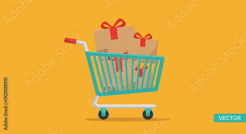 Cart filled with gift boxes and presents on yellow background illustration