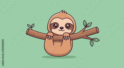 A cartoon sloth hangs on a tree branch with leaves on a green background.