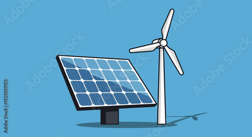 Renewable energy sources solar panel and wind turbine generating power together.