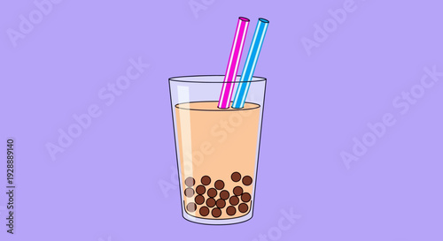 An illustration of a glass with two straws and boba tea on purple