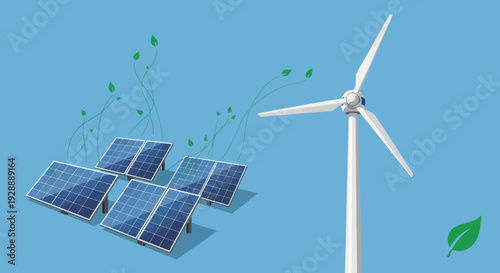 Renewable energy sources including solar panels and wind turbine on blue background with eco-friendly leaves