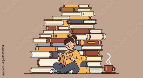 A woman sits reading a book beside a large stack of books with a cup of coffee.