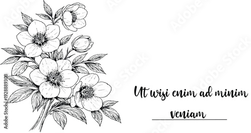 Floral bouquet line art vector illustration, botanical flower greeting card design, vintage outline isolated on white background