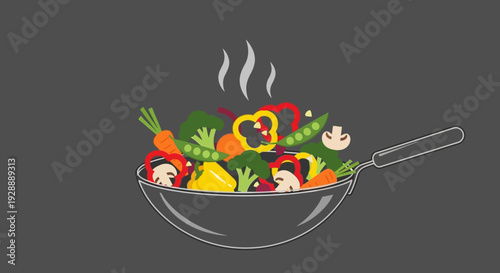 Sizzling stir-fry vegetables in a hot pan, an illustration of culinary art, viewed from directly above.
