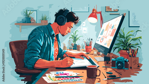 Graphic designer creating a colorful shape icon set in a retro style office environment viewed from the side
