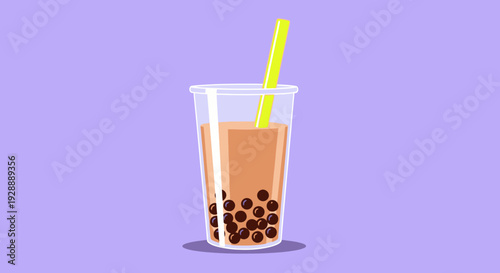 A refreshing drink with boba tea and straw in a plastic cup on purple background.