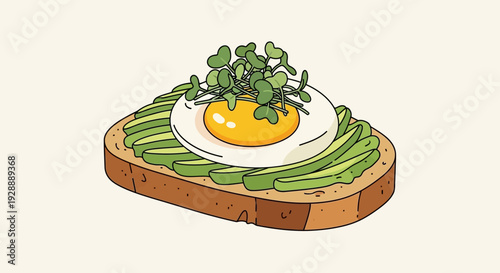 Avocado toast with fried egg and microgreens on whole grain bread, top view, healthy breakfast illustration