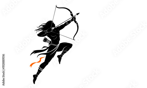  Black Silhouette of Lord Ram Drawing Bow and Arrow in Dynamic Warrior Pose, Hindu Mythology Divine Hero Illustration Isolated on White Background