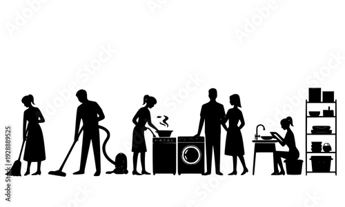  Black Silhouette Group of People Doing Household Chores Including Sweeping, Vacuuming, Washing, Cooking and Cleaning, Family Home Routine Scene