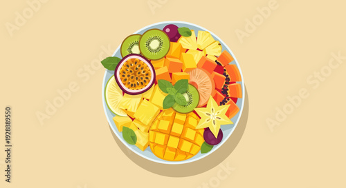 A vibrant plate of assorted fresh fruits including mango, kiwi, and passionfruit on a light background.