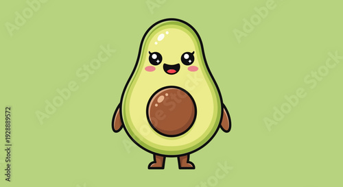 Cute illustration of an avocado character standing on a green background with a big smile.