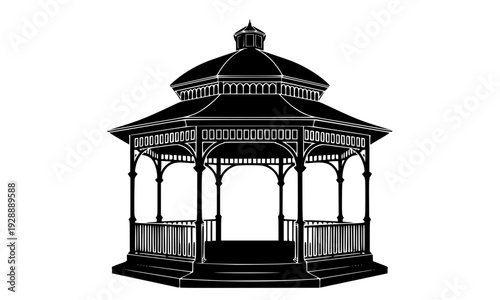  Elegant Black Silhouette of a Classic Wooden Gazebo with Ornate Victorian Architecture, Perfect for Outdoor Garden and Park Design Concepts