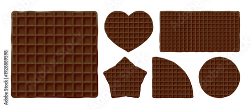 Heart-shaped cracker for waffle pancakes, chocolate square waffle. Brunch pattern with stroopwafels and a round cream bisquit, circle vector icon. Dutch croffle texture for realistic graham cookies