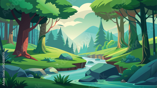 A serene forest scene with a sparkling stream and lush greenery under a bright sky