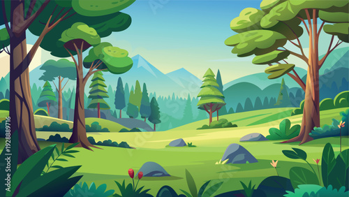 A serene forest landscape bathed in soft sunlight with lush greenery and a winding path.