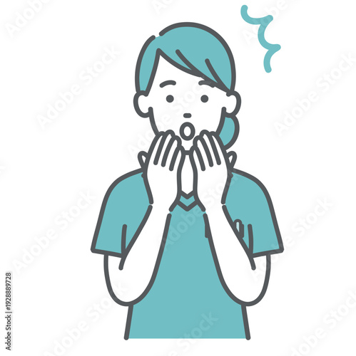 驚く・焦るスクラブ姿の女性医療従事者のイラスト（ショック・上半身）