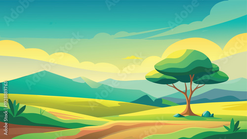 A serene landscape featuring a lone tree amidst a golden field under a bright sky