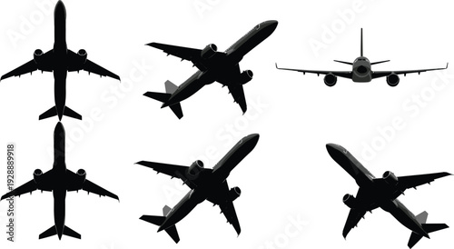 Airplane silhouettes in various flight positions aircraft planes