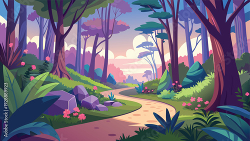 Mystical forest path glowing with soft evening light and vibrant foliage