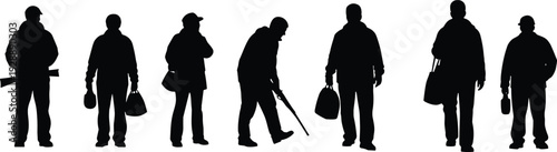 Worker silhouettes carrying tools and bags, construction labor vector illustration, workforce symbol, manual job design element, industrial artwork motif