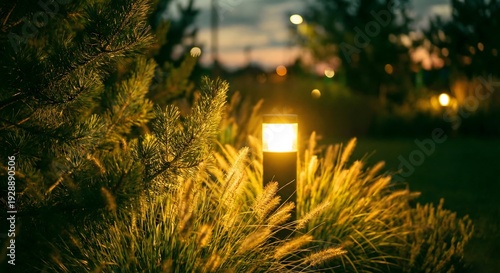 Modern warm garden bollard light illuminating green ornamental grasses and pine trees in a luxury backyard at night, serene outdoor landscape lighting concept for residential exterior design.