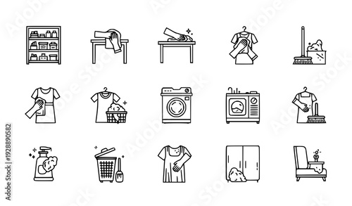 Minimal Linear Home Cleaning Icons Set with Editable Stroke for Daily Chores and Maintenance