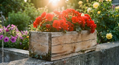 A rectangular wooden garden planter box filled with blooming red begonias and green leaves sits on a concrete ledge in a sunny backyard during golden hour.