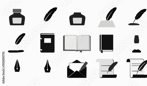 Black Ink Bottle and Feather Quill Pen Icon Set Flat Writing Tool Journal Letter Vector Collection